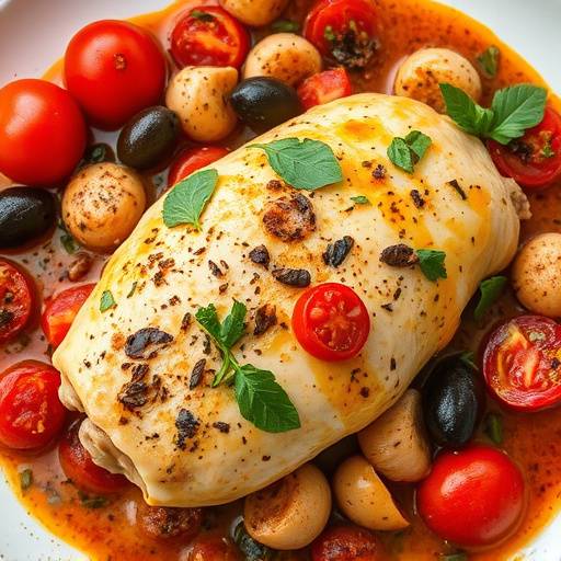 Piatto di pollo alla cacciatora, con pomodoro, olive e aromi.