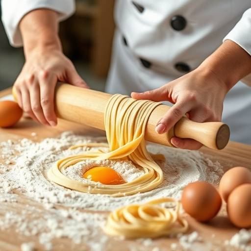 Un'immagine di un chef di Sapori di Casa che mostra come preparare la pasta fresca, con farina, uova e un mattarello.