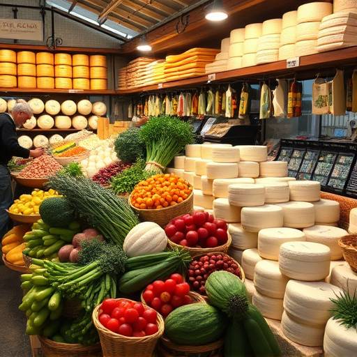 Un'immagine di un mercato rionale romano, con bancarelle piene di frutta, verdura, formaggi e salumi freschi.