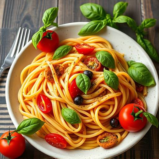 Un'immagine di un tavolo imbandito con piatti tipici italiani, come pasta fresca, pomodori e basilico, per illustrare la ricchezza e la variet&agrave; della cucina italiana.
