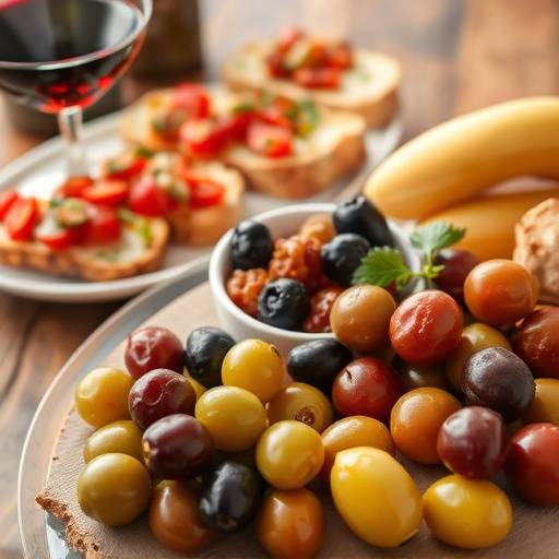 Un'immagine di una tavola imbandita con antipasti tipici italiani, come olive, bruschette, salumi e formaggi, accompagnati da un bicchiere di vino rosso.