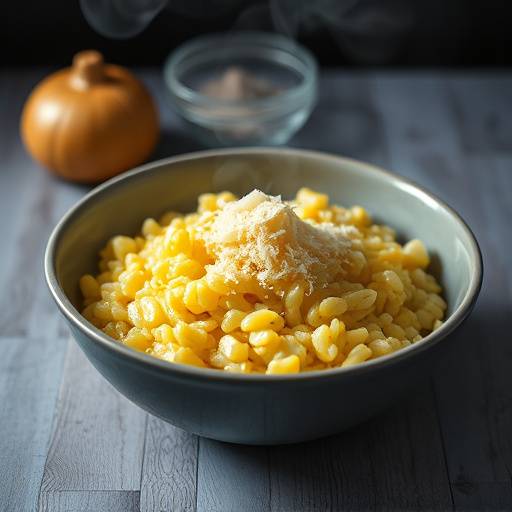 Un piatto di risotto alla milanese fumante, con zafferano e una spolverata di parmigiano.