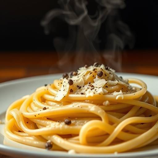 Un piatto fumante di spaghetti alla carbonara, guarnito con pecorino romano e pepe nero.