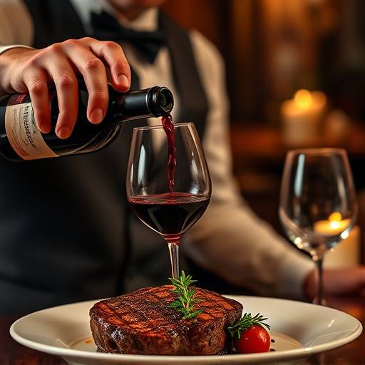 Un sommelier che versa un bicchiere di vino rosso accanto a un piatto di carne.