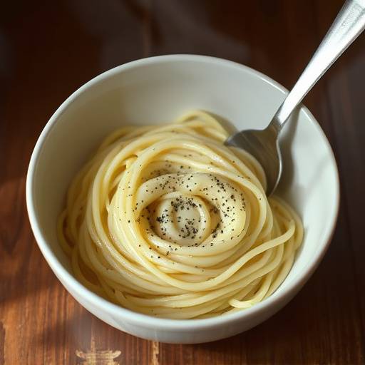 Una foto di un piatto di pasta cacio e pepe fumante, pronto per essere gustato.