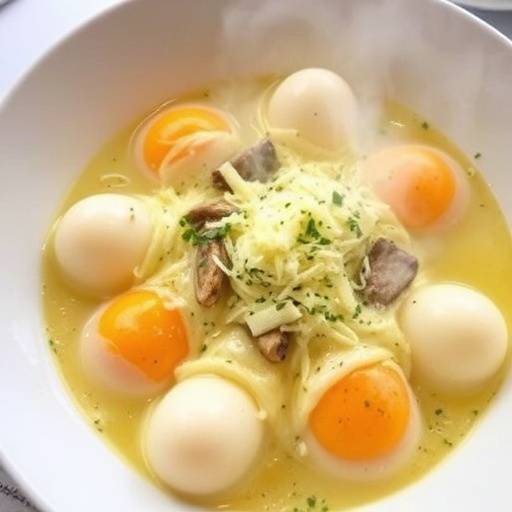 Una foto di un piatto fumante di Spaghetti alla Carbonara, preparato con uova fresche, guanciale croccante e pecorino romano.