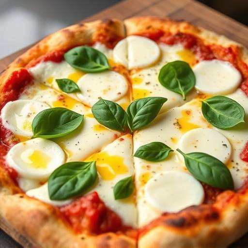 Una foto di una pizza Margherita appena sfornata, con pomodoro, mozzarella, basilico fresco e un filo d'olio extra vergine d'oliva.