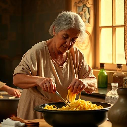 Una nonna romana che stende la pasta fresca con il matterello su un tavolo di legno.